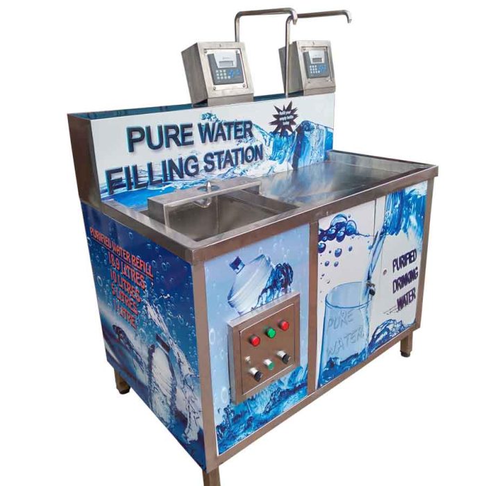 Pure Water Vending Machine (Coin operated Vending Machine) It is almost similar to vending cabinet but it is attached to a bottle rinsing machine for cleaning inside bottle before filling with purified water. This machine can also be made to operate with coins where it vends water after coin is inserted and the amount of water sold depends with the value of coin inserted from ksh.5,10 and 20.
