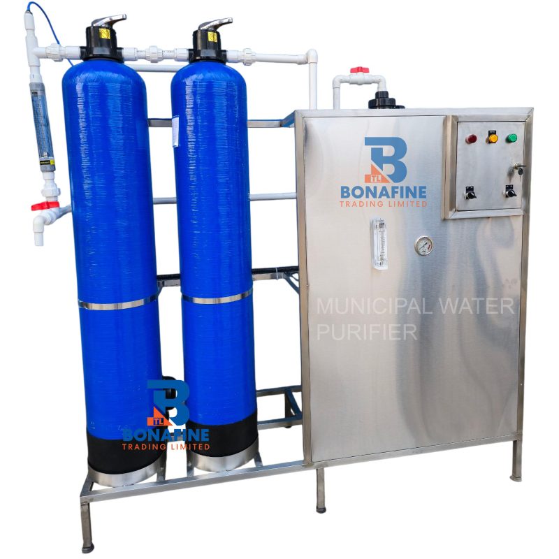 Municipal Water Purifier 1000 Litres Per Hour Best Prices in Kenya This 1000 LPH municipal water treatment system is designed to purify chlorinated town or city water supplies. Removes: Chlorine Turbidity Bad taste and odor Dissolved impurities Perfect for apartments, institutions, and commercial facilities requiring safe drinking water.