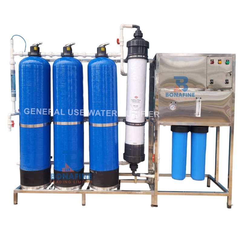 This 1000 LPH borehole water purification system treats underground water with high mineral content, iron, and turbidity. Includes: Sediment filtration Carbon filtration Multi-stage purification Perfect for water businesses and institutions using borehole water sources.