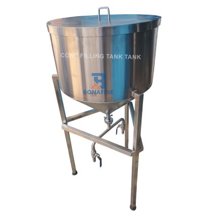 Stainless Steel Cone Filling Tank 100 Litres The 100 litre cone bottom filling tank ensures complete liquid drainage and minimal wastage. It is used to fill thick liquids/viscous liquids.