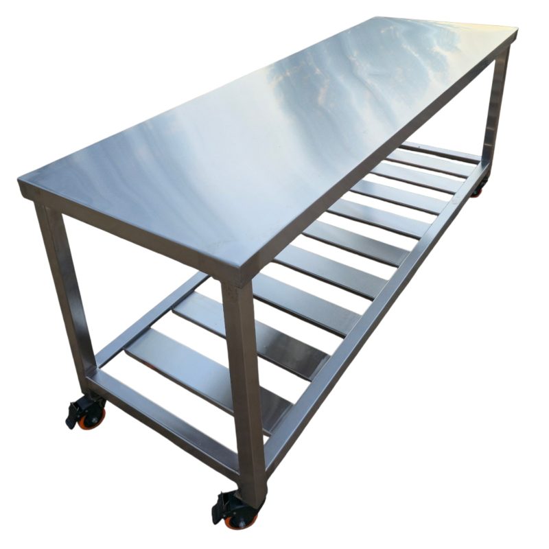 Stainless Steel Table 2x6 Feet with Castor Wheels – Heavy Duty Mobile Work Table Best Prices in Kenya This 2x6 feet stainless steel table with wheels is designed for food processing plants, dairy factories, water treatment plants, and commercial kitchens. Made from food-grade stainless steel, it provides maximum hygiene and corrosion resistance. Benefits: Heavy-duty construction Lockable castor wheels for mobility Easy to clean smooth surface High load-bearing capacity Perfect for preparation, packaging, and equipment support.