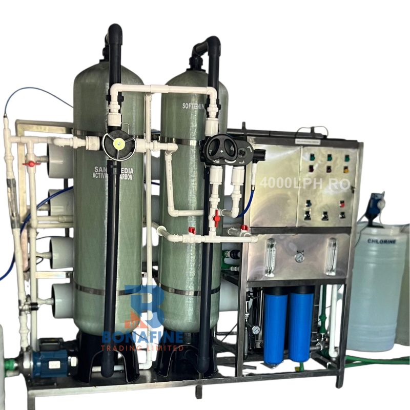 Reverse Osmosis 4000 LPH – Industrial RO Water Plant The 4000 litres per hour RO system is a high-capacity industrial water purification plant designed for bottled water companies and factories. Features: Industrial-grade membranes Stainless steel skid mounting Energy-efficient pumps Long membrane lifespan Perfect for large-scale water production businesses.